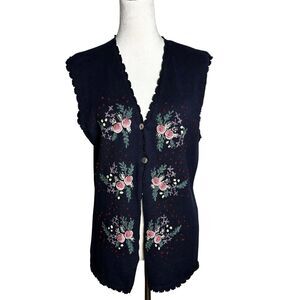 Vintage 90s Susan Bristol Hand Embroidered Floral Knit Vest Sz L Grandma Cottage